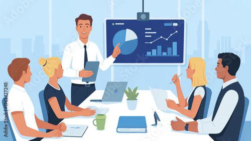 Team discussing a project with a globe illustration in their meeting room