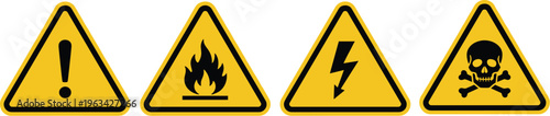 A series of four triangular warning signs with black symbols on a bright yellow background indicating potential hazards high quality professional detailed modern
