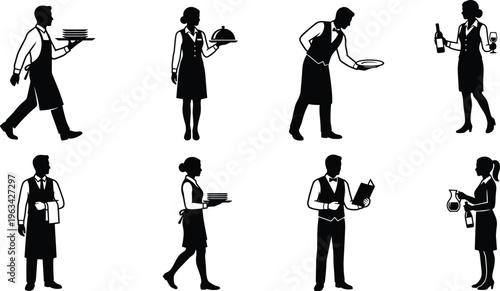 A collection of black silhouette illustrations depicting various restaurant staff members including waiters and waitresses in dynamic poses high quality professional detailed modern