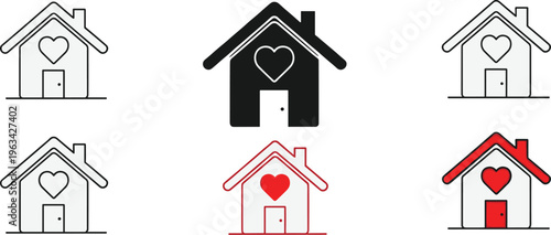 A collection of six simple house icons varying in color and outline with heart shaped details adorning each facade high quality professional detailed
