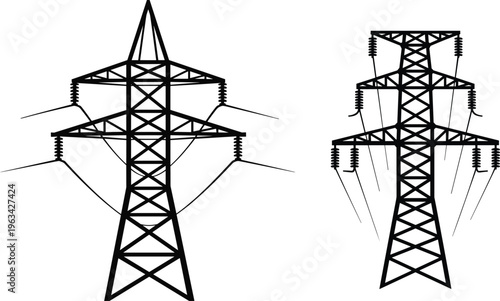 Electric transmission towers, power pylons, energy infrastructure, electricity grid, high voltage lines, industrial silhouette, engineering design, renewable energy, utility icon, illustration