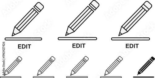 A collection of simple black and white illustrations featuring pencils and the word edit displayed below them high quality professional detailed modern elegant