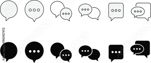 A collection of monochrome chat bubbles and speech balloons in varying styles and arrangements representing digital communication high quality professional detailed modern elegant
