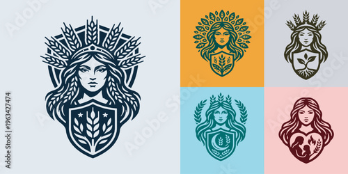Set of stylized emblems featuring a woman with wheat, leaves, and a shield, representing nature and growth.