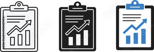 A series of three clipboard icons depicting upward trending charts with bar graphs shown in varying color schemes high quality professional detailed modern