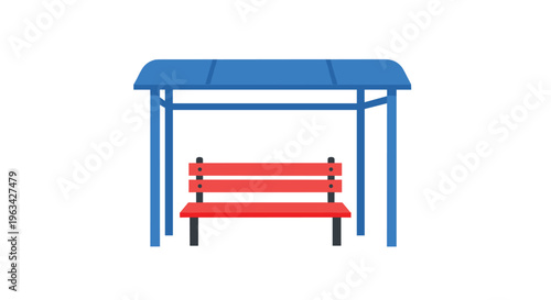 A simple blue bus stop shelter with a red bench is depicted in a flat illustration on a white background.