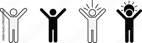 Four minimalist figures are depicted with arms raised in celebration or joy showcasing variations in color and fill high quality professional detailed modern