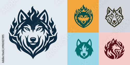 Collection of stylized wolf head logos with fiery elements, representing power and intensity.
