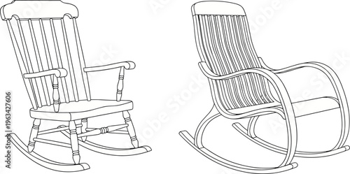A detailed line drawing depicts two different rocking chairs one upright and the other reclined showcasing their distinct designs high quality professional modern