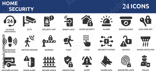Home security 24 icon set. Containing alarm, surveillance, lock, CCTV, thief, key, intrusion detection, guard dog and more.