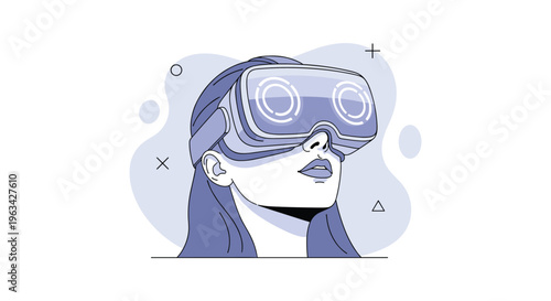 A digital illustration depicts a person wearing a virtual reality headset gazing forward with a futuristic and immersive experience high quality professional detailed