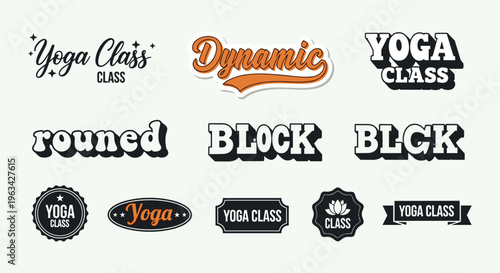 A collection of various yoga class themed logos and typographic designs in different styles and colors high quality professional detailed modern elegant stylish
