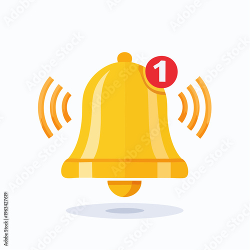 Notification bell icon with a red one alert badge on a white background, emitting orange sound waves.
