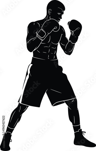 Black silhouette of a muscular male professional boxer in a fighting stance with gloves, boxing shorts, and shoes on white.