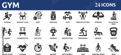 Gym and fitness 24 icon set. Containing healthy lifestyle, weight training, body care and workout or exercise equipment icons.