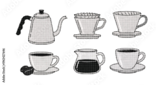 Halftone style coffee and tea drinkware set with teapot cups and jugs isolated on white background