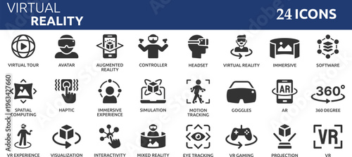 Virtual reality 24 icon set. Containing VR, augmented reality, headset, immersive, mixed reality, AR, 360 degree and more.