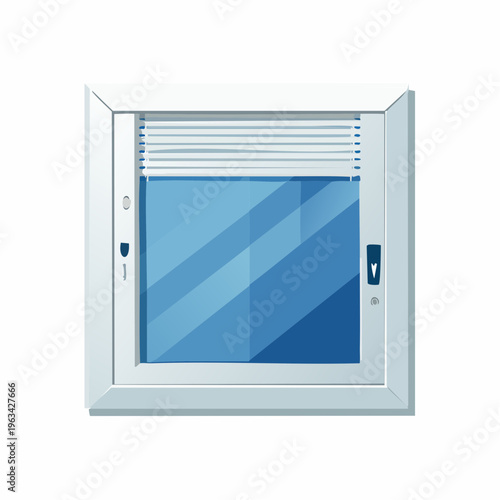 Illustration of a white framed window with a blue glass pane and partially open blinds on a plain white background.