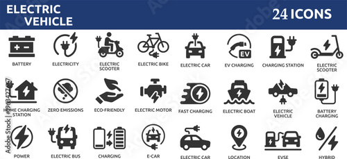 Electric vehicle 24 icon set. Containing electric car, charging station, battery, EV charging, e-bike, hybrid, e-car, electric scooter and power.