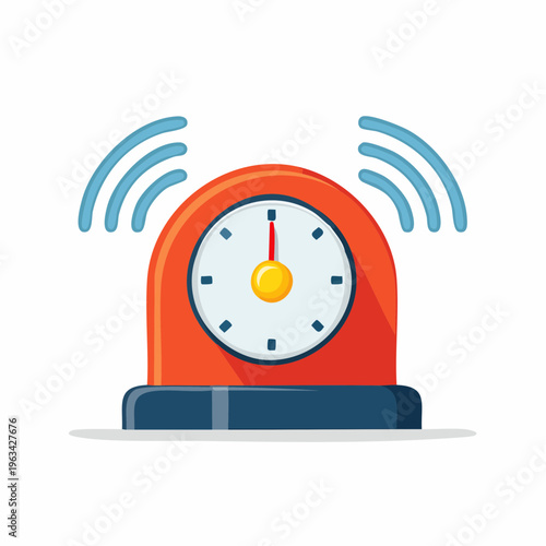 Illustration of an orange alarm clock with a white face and blue waves on a plain white background.
