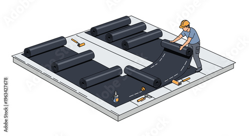 A construction worker unrolls dark grey roofing membrane on a light grey flat roof surface with several material rolls and tools in an isometric illustration.