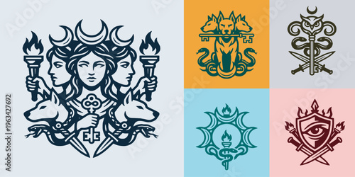 Collection of mystical symbols and mythological creatures including Hecate, Cerberus, and an all-seeing eye.