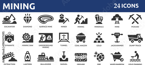 Mining 24 icon set. Containing minerals, gold, pickaxe, miner, excavator, diamond, coal wagon, jackhammer and gold panning icons.