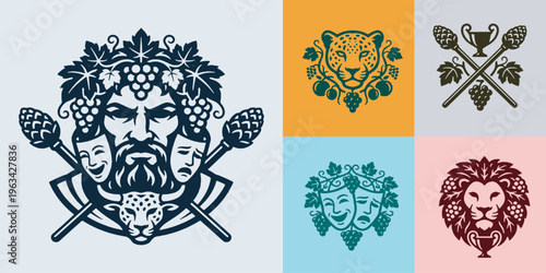 Collection of stylized emblems featuring mythological figures, animals, and theatrical masks.