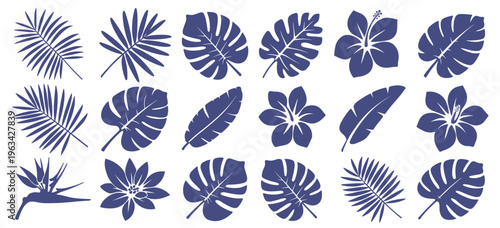 Collection of blue tropical leaves and flowers hibiscus flower