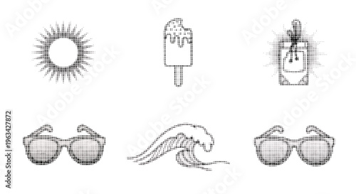 Halftone style summer icons including sun sunglasses and ice cream