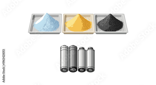 Three square trays holding piles of light blue, yellow, and dark grey powders are shown above four cylindrical batteries on a white background.