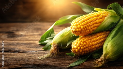 Fresh Yellow Corn Ears Surrounded by Green Leaves on Rustic Wood