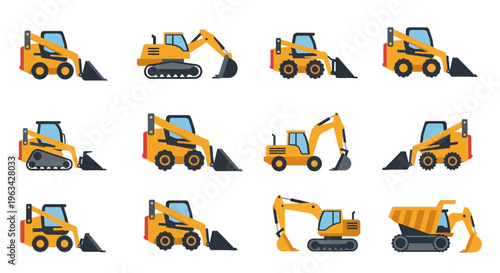 Collection of various excavator machines.