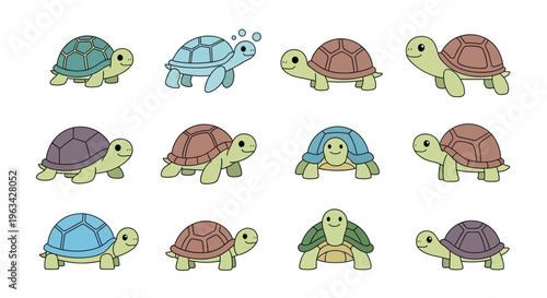 Colorful cartoon turtles walking slowly together.
