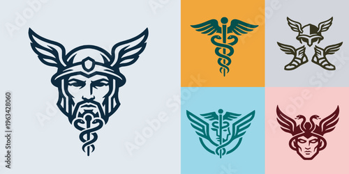 Collection of Greek Mythology Symbols and Icons Featuring Caduceus and Winged Helmets.
