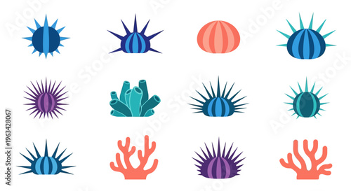 Colorful Coral Reef Marine Life Icons.