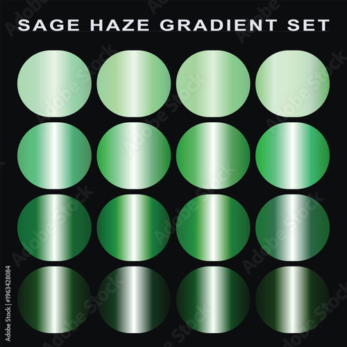 Sage Haze Gradient Set — 16 Metallic Green Gradient Swatches Vector