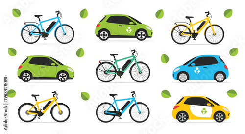 A symmetrical grid of nine electric vehicles, including blue and yellow e-bikes and green and blue electric cars, is shown with green leaf icons on a white background.