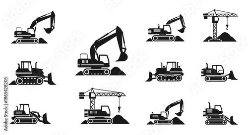 Heavy construction equipment excavator icons.