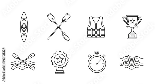 Kayaking sports icons and symbols.