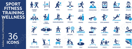 set of 36 solid icons. Part 2. Mega collection concept of sport, fitness, training, gym and wellness.