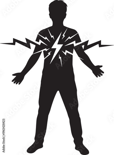 Black silhouette of a man with lightning bolts radiating from his torso isolated on transparent background