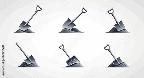 Six metal garden shovels digging earth.