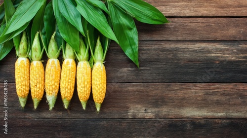 Fresh Corn Ears with Green Leaves on Rustic Wooden Background