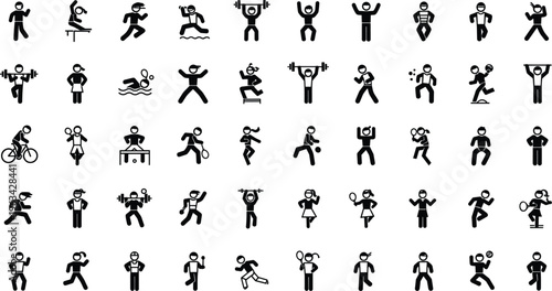 Large collection of black silhouette sports icons featuring athletes for fitness swimming cycling weightlifting and various olympic games for graphic design.