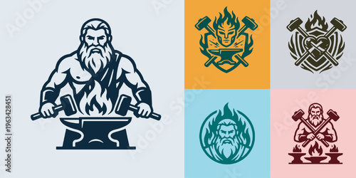 Collection of stylized blacksmith logos featuring a muscular bearded man, hammers, and anvils with flames.