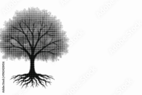 Halftone tree with exposed roots on white background