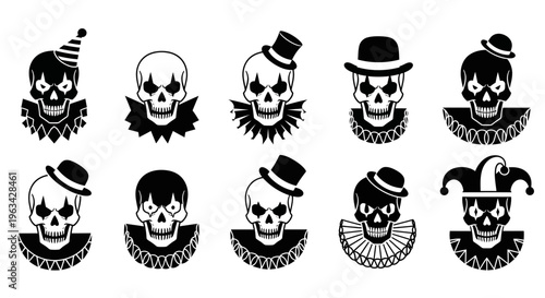 Skulls wearing various hats and collars.