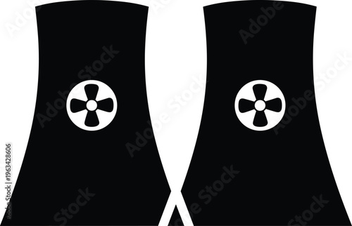 Nuclear cooling towers, radiation symbol, power plant, energy infrastructure, electricity generation, industrial silhouette, atomic energy, hazard icon, utility design, illustration