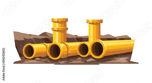 A network of large, bright yellow pipes with flanges is partially buried in a mound of brown earth against a white background.